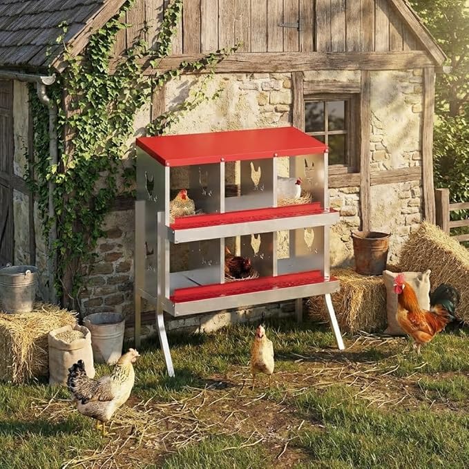 6 Holes Chicken Nesting Boxes, Nesting Boxes for Chickens, Easy to Clean and Install, Chicken Laying Box for Outdoor Chicken Coop Farm Yard, with Metal Legs, Red