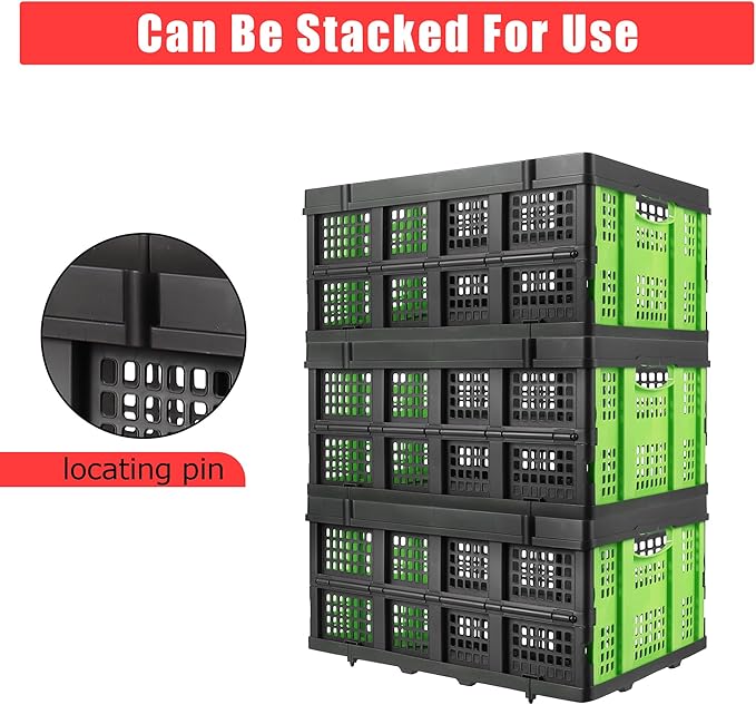 14.5 Gallon Green Collapsible Milk Crate, Heavy-Duty Plastic Storage Container with Handles, 55 LBS Load Capacity Stackable Folding Bin for Home Office Farm Garage Basement.