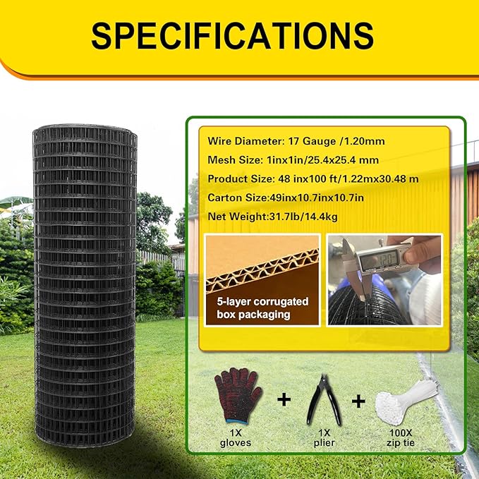 Black Hardware Cloth 1inx48inx100ft, Chicken Wire Fencing, 19Gauge, Vinyl PVC Coated Mesh, Welded Wire mesh, Perfect for Gopher Wire, Rodent Mesh, Tree Guard, Chicken Coop