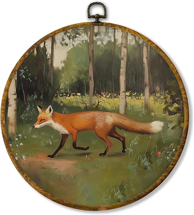 Hiuwevt Rustic Forest Fox Round Wall Art Decor, Nature Woodland Fox Hanging Canvas Prints Artwork Framed, Mild Wildflower Grass Wild Animal Circular Wall Decor for Home Bedroom, 10x10 Inch