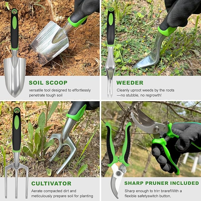 11-Piece Outdoor Gardening Tool Set, Suitable for Women, Seniors, and Left-Handed Users, Includes Tree pruners, Hand rakes, and a Watering can with Green Non-Slip Handles. (Gray)