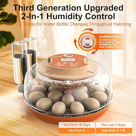 18 Egg Incubator, Automatic Turning with Temperature & Humidity Control, Egg Candler, 360 View with Air Vent, Auto Water Bottle Refill, Chicken Incubator for Hatching Eggs