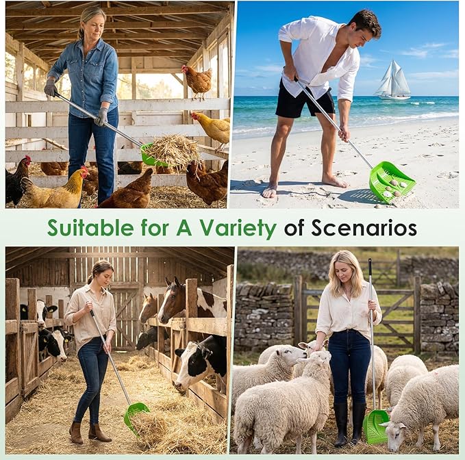 Chicken Poop Scooper & Rake 2-in-1, Adjustable Handle Length from 38" to 66", Features Manure Sifting Capability – Ideal for Chicken Coops and Farm Animal Cleaning (Green)