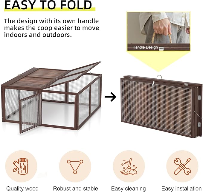 Portable Chicken Run Rabbit Hutch Folding Chicken Cage for Indoor/Outdoor,Top & Side Opening Doors Small Animal Pet Playpen No Assembly Required Poultry Pen 45"x 42"x 20" (Brown)