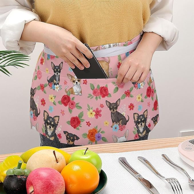 Short Aprons for Servers Unisex Chef Works Waitress Apron with 3 Pockets