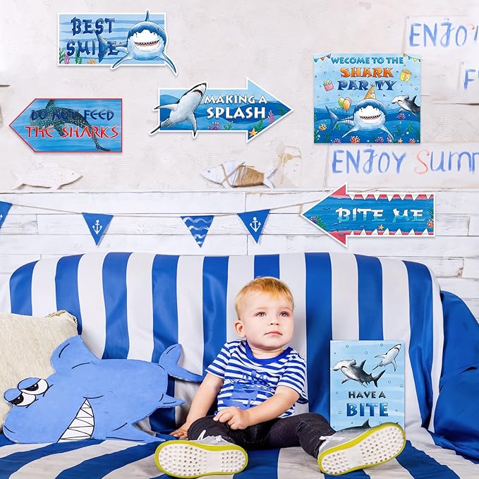 WERNNSAI 10Pcs Shark Birthday Party Decorations - Blue Shark Sign Party Decoration for Under The Sea Party Supplies Ocean Animal Party Sign Poster for Birthday Holiday Party Favors
