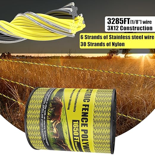Upgrade Electric Fence Polywire 1650FT,500 Meters, 6 Stainless Steel Strands for Reliable Conductivity, Portable Electric Fencing, UV Resistant, Rust Resistant, Highly Conductive, Easy to Install