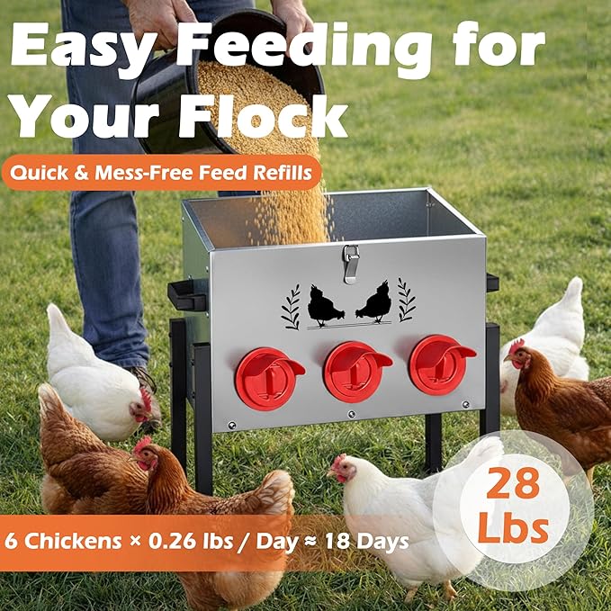 Large Capacity Automatic Chicken Feeder, 6 Port Chicken Feeder, 28LB Metal Chicken Feeders with Locking Lid & Adjustable Legs, No Waste Chicken Feeder, Silver