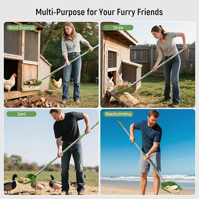 Chicken Poop Scooper, 2-in-1 Coop Scoop & Chicken Coop Rake, Sand Sifting Shovel with Adjustable Stainless Steel Handle, Up to 68 in, No-Bend Cleaning Tool - Patent-Pending