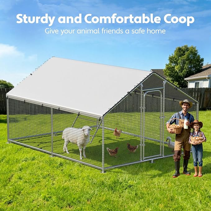 Large Metal Chicken Coop Run with Roosting Perch, Outdoor Poultry Cage with Heavy Duty Wire Mesh and UV-Resistant Cover for Chickens Use, Spire Roof (8.9'W x11.8'L x 6.6'H)