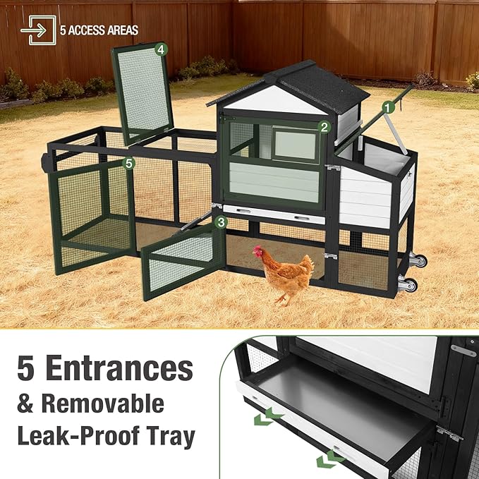 Mobile Chicken Coop Wooden with Wheels, Expandable Outdoor Chicken Tractor with Nesting Box & Pull-Out Tray, Easy-Clean Poultry Coop for 2–3 Chickens & Ducks