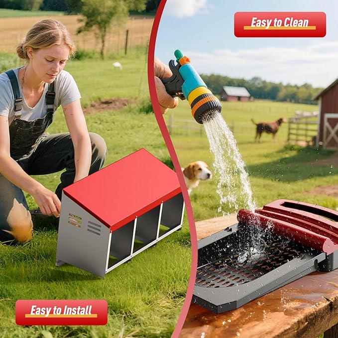 Chicken Nesting Boxes, Roll Away Laying Nest Box for Hens, Galvanized Steel with Removable Egg Drawer, Protects Eggs, Easy Egg Collection, for Chicken Coop, 3 Compartments