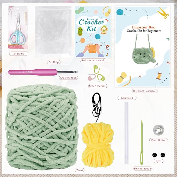 Alvian Crochet Kit for Beginners Crossbody Wallet Belt Bag Crochet Starter Kits Craft Knitting Crocheting Kits with Yarn, Hook, & Tutorial Gift for for Birthday (Green-Dinosaur Bag)
