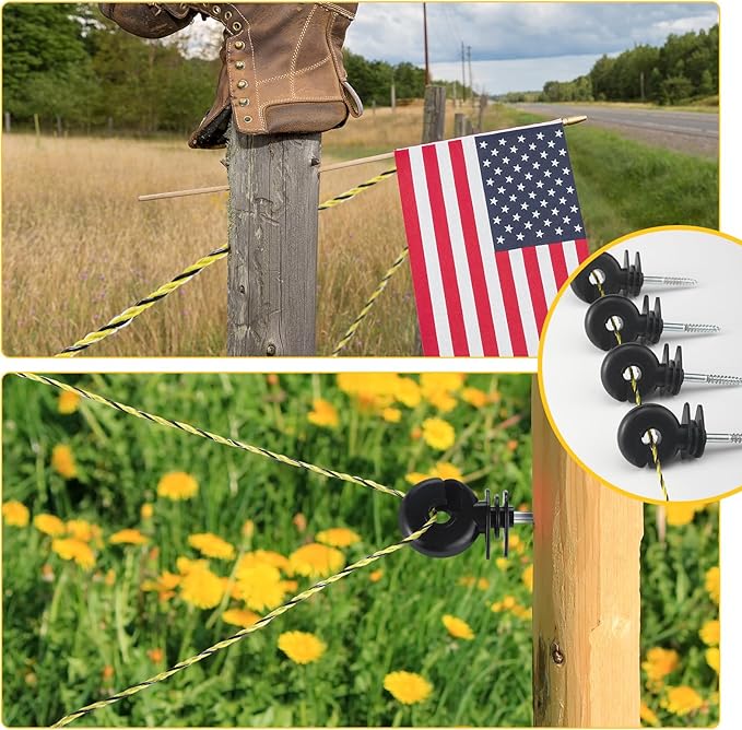 Kanayu 52 Pcs Electric Fence Kit Include 1640 ft Poly Wire 25 Black Fence Ring Insulators 25 Yellow T Post Insulators Socket Tool for Pet Animal Horse Cattle Livestock Pasture
