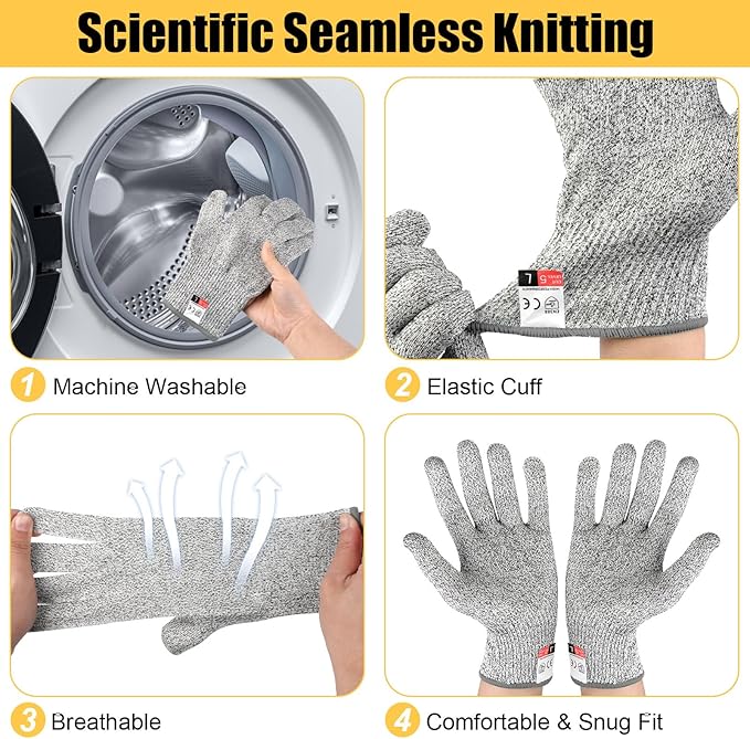 2 Pairs Cut Resistant Gloves Level 5 Protection, Food Grade Cut Proof Gloves, Safety Anti Cutting Glove