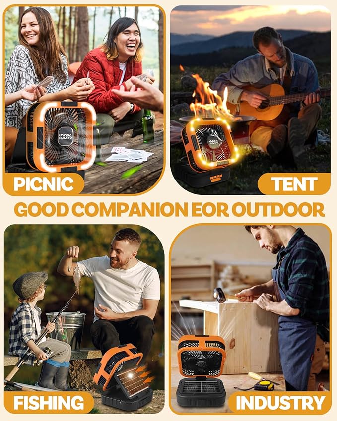 25000mah Camping Solar Fan, 120° Oscillation Rechargeable Solar Powered Fan with LED Light, 6 Adjustable Speeds Battery Powered Portable Fans, USB-C Fans for Travel Tent Camping Accessories