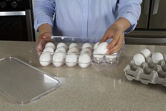 Kitchen Spaces Deluxe Egg Tray, Holds 18 Eggs, Refrigerator Storage Container with Lid, Stackable Fridge Organizer, Crush-Proof, BPA-Free, Clear