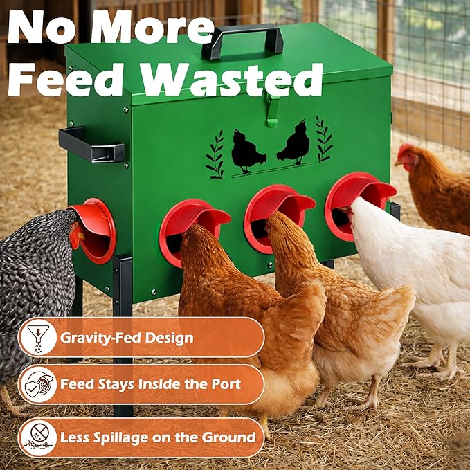 Large Capacity Automatic Chicken Feeder, 8 Port Chicken Feeder, 48LB Metal Chicken Feeders with Locking Lid & Adjustable Legs, No Waste Chicken Feeder, Green