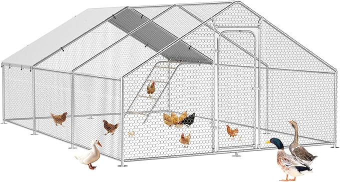 Large Metal Chicken Coop Run with Roosting Perch, Outdoor Waterproof & UV-Resistant Cover for Chickens, Ducks, Rabbits, and Hens in Yard or Farm Use Spire Roof (13.1'Wx19.7'Lx 6.5'H)