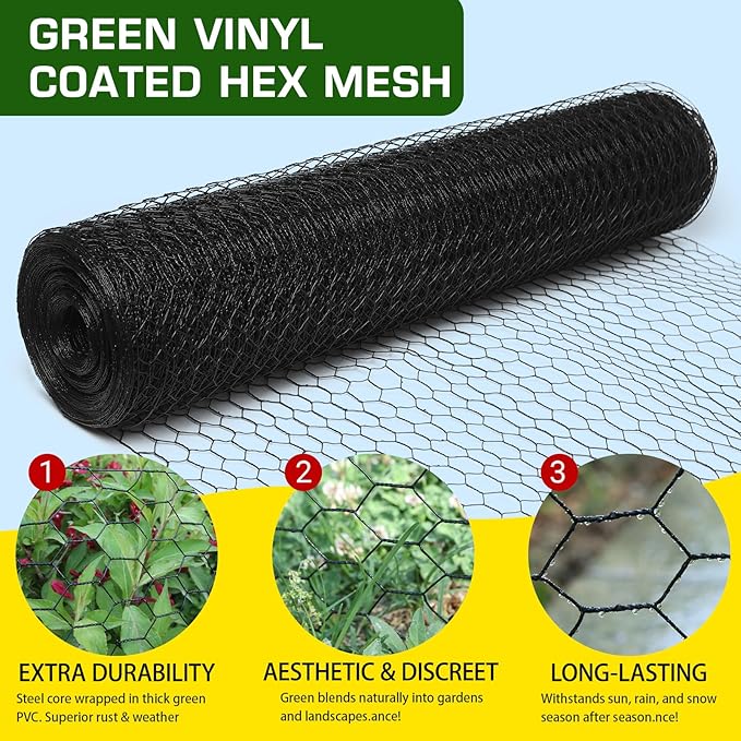 Premium Black Chicken Wire Fencing36inx150ft, PVC Coated Chicken Wire, Poultry Netting, Galvanized Chicken Wire Barrier for Floral Arrangements/Craft Projects/Pet/Rabbit