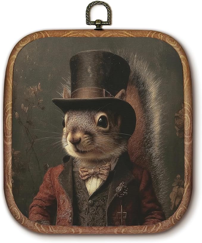 Hxlac Victorian Squirrel Rectangular Wall Art Framed, Vintage Victorian Style Animal Rectangular Wall Decor, Autumn Squirrel Hanging Canvas Prints Wall Sculptures for Farmhouse Home Room Decor, 5.7×6.5 Inch