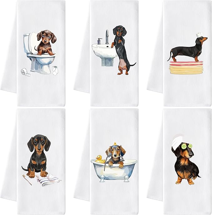 GROBRO7 Funny Dachshund Hand Towel - 6Pcs Dachshund Bathroom Decor Towels Soft Polyester Dishcloths for Bath Bar Spa Home Decorative Cute Puppy Lovers Gifts for Men Women Housewarming