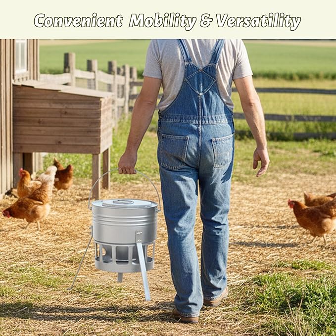 KOL Metal Chicken Feeder - 20lbs No Waste Chicken Feeder with 12 Ports, Powder Coated Rust-Proof Design & Smooth Edges for Safe Feeding (Silver)