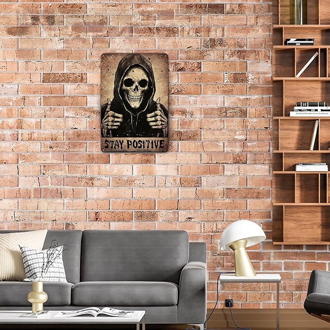 Stay Positive Metal Sign Funny Vintage Skull Grunge Goth Tin Sign For Home Backyard Man Cave Office Room Bar Cafe Club Wall Decor Hanging Painting 12 X 8 Inch