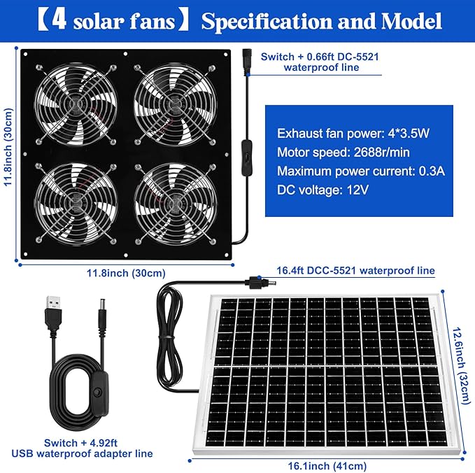 Solar Exhaust Fan for Chicken Coop & Powered Fan with 25W Solar Panel & 4-Pack High-Speed Brushless DC Fans, Solar Shed Ventilation Fan for Greenhouses,Attics, Barns & Dog Houses