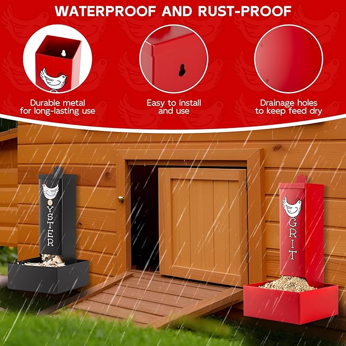 Metal Chicken Grit Feeder and Oyster Shell Feeder Combo, Hanging Gravity Poultry Feeders with Drain Holes, 4.5lb Capacity, Coop Accessories Supplies for Chickens, Ducks, Geese