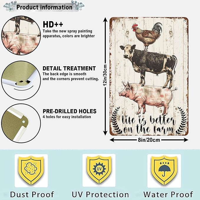 Rustic Farm Animals Metal Sign Vintage Style Life is Better on the Farm Wall Decor for Farmhouse Gift 12 * 8in