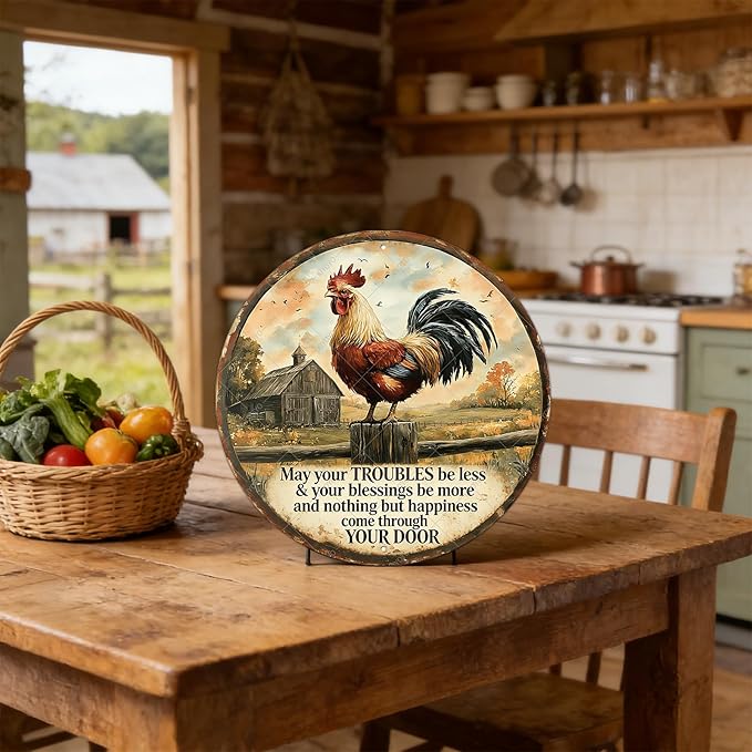 Rooster Kitchen Wall Decor Round Chicken Metal Signs Farm Rooster Crowing Sign Welcome To My Mother Kitchen Home Fence Wall Decor Vintage Chicken Coop Tin Poster 8 Inch