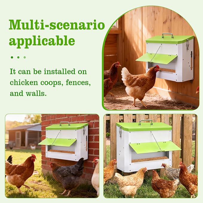 25lb Automatic Chicken Feeders Metal Poultry Feeders Wall Mount No Waste, with Secure Locking Lid, No Assembly Required, Lid Hanging Chicken Feeder Trough for Quail Chickens Ducks Feeder