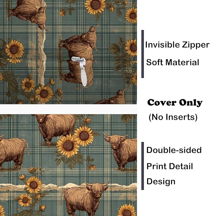 Highland Cow Sunflower Throw Pillow Covers 18x18 Inch, Set of 2 | Rustic Farm Animal Plaid Cushion Cases for Couch & Living Room | Country Farmhouse Home Decor Pillowcases