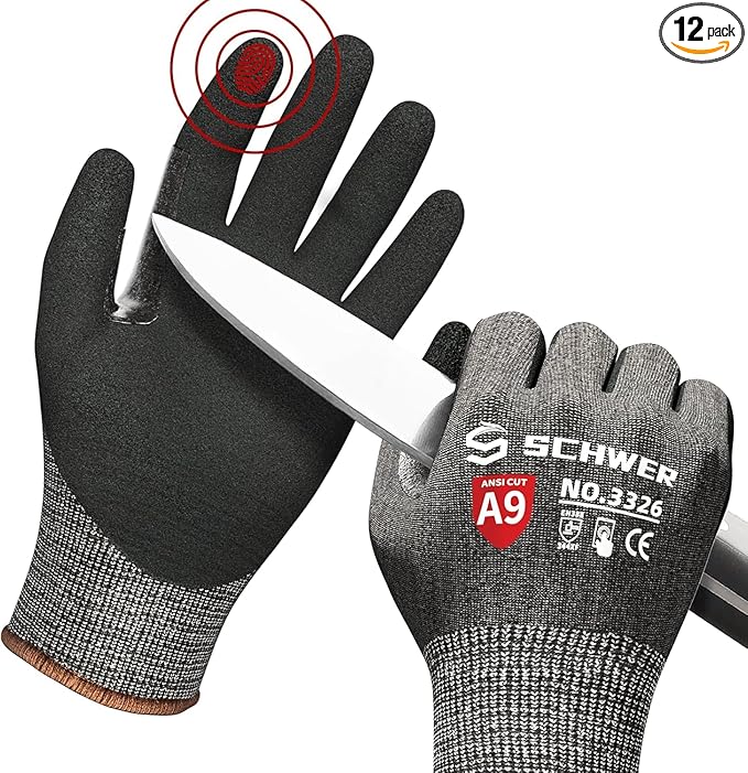Schwer 12 Pairs ProGuard High Level Cut Resistant Work Gloves PR3326 for Extreme Protection，ANSI A9 Cut Gloves with Reinforced Thumb, Non Slip, Breathable, Durable, Touch-screen, Black (XL