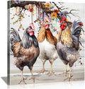Framed Chicken Wall Art 16x16 Inch Rooster on Flower Stand Canvas Print Farmhouse Country Style Artwork for Kitchen Living Room Rustic Home Wall Decor (Three roosters, 24L×24W)