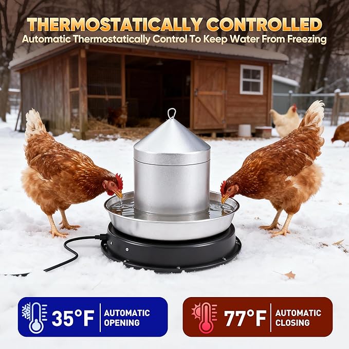 Chicken Water Heater for Winter, 110 Watt Chicken Drinker Heated Base 11 in Chicken Waterer Heater with Thermostat