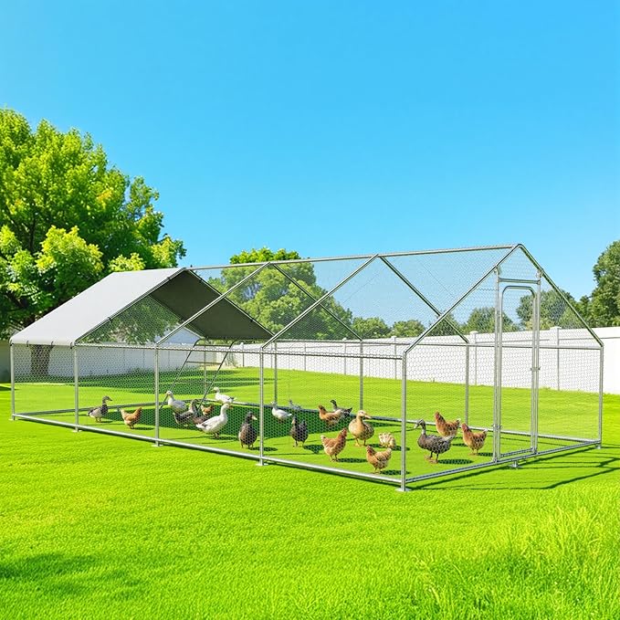 Large Metal Chicken Coop Run with Roosting Perch– Outdoor Waterproof & UV-Resistant Cover for Chickens, Ducks, Rabbits, and Hens in Yard or Farm Use Spire Roof(13.1'Wx26.2'Lx 6.5'H)