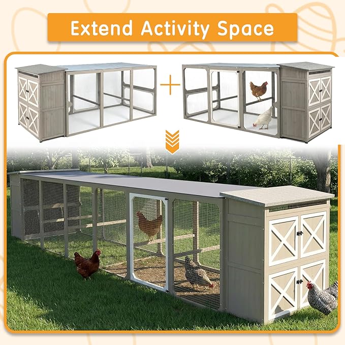 Large Chicken Coop with Run and Waterproof Cover, 92.5" Wooden Outdoor Hen House with 6 Nesting Boxes and Roosting Bars, Expandable Poultry Cage for 4–6 Chickens, Ducks or Rabbits, Backyard Farm Use