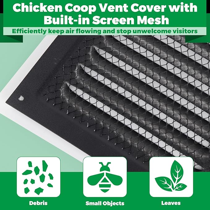 Forestchill Air Vent Louver for Chicken Coop, 2 Pack 10" x 10" Air Vent Grilles with Built in Screen Mesh, Louvered Exhaust Grille for Chicken Coops Ventilation, Black