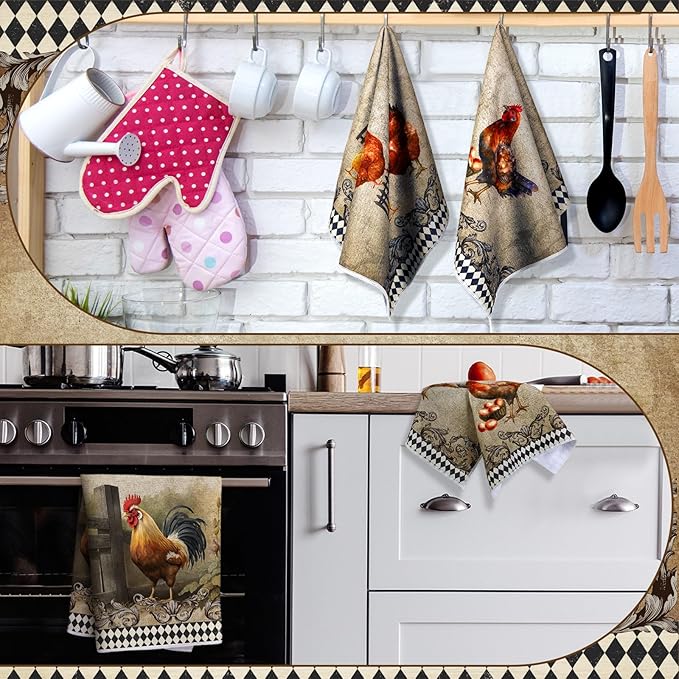 Geyoga 4 Pcs Chicken Kitchen Towels Rooster Dish Hand Towels Farm Animal Cow Vintage Rustic Tea Cloth for Spring Easter Bathroom Farmhouse Decor Gifts, 16 x 24 Inch(Delicate Color,Rooster)