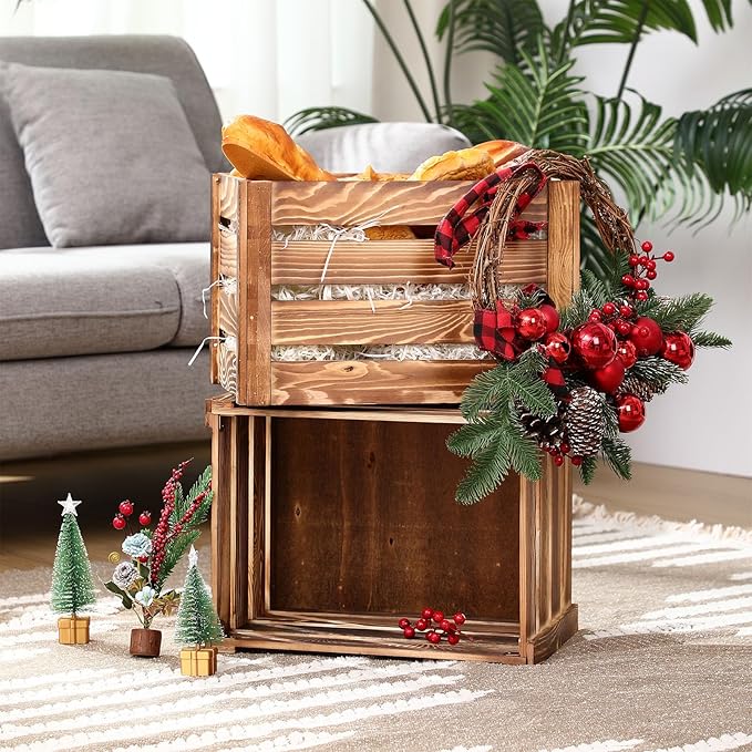 Ripeng 2 Pack Wooden Large Crates Storage Crate Decorative Wood Crates Wooden Storage Container with Handles for Display Decor 15.75 x 11.8 x 10.24 inches