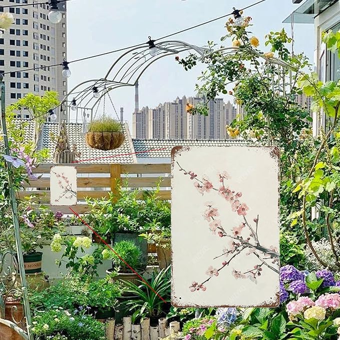 Flowers Metal Signs Plum Blossom Sign Vintage Tin Sign Retro Wall Art Decor for Living Room Bedroom Garden Yard Shop Bar 8×12 Inches