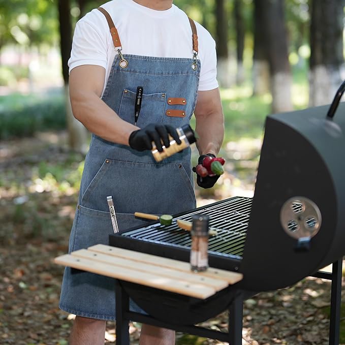 Denim Bbq Apron for Men Women with Pockets Adjustable Cross Back Chef Aprons for Kitchen Cooking Grilling Working