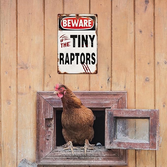 Beware of the Tiny Raptors Metal Tin Sign Funny Chicken Coop Sign Chicken Coop Accessories Outdoor Chicken Farmhouse Farm Sign Yard Decor Gifts 8x12 Inch