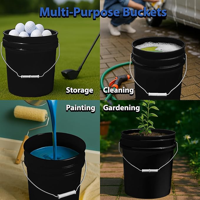 3.5-Gallon Bucket with Airtight Lid – Made in USA, Food Grade BPA Free Plastic, Heavy Duty Multi-Use, Metal Handle with Grip, Stackable Storage – Black, 6 Pack