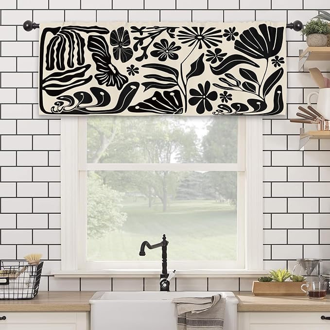 Black Matisse Flower Kitchen Curtain Valance 54W x 18L Inch Vintage Abstract Leaves Aesthetic Retro Art 70s Modern Minimalist Rod Pocket Short Cafe Small Window Treatment Drapes Decor