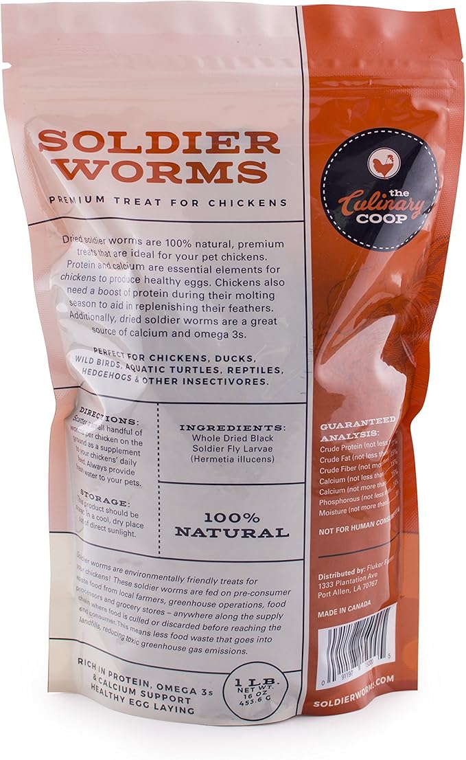 Fluker's Culinary Coop Premium Chicken Treats, Dried Soldier Worms, Packed with Protein and Calcium, 100% Natural Rich Grubs for Chicken, Backyard Birds, and Reptiles, 16 oz