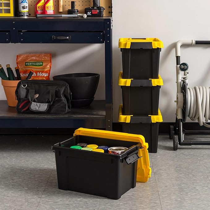 5 Gallon Black Plastic Storage Bins with Lids 4-Pack, Heavy Duty Stackable Totes, Garage Tool Basement Organizer with Locking Lids