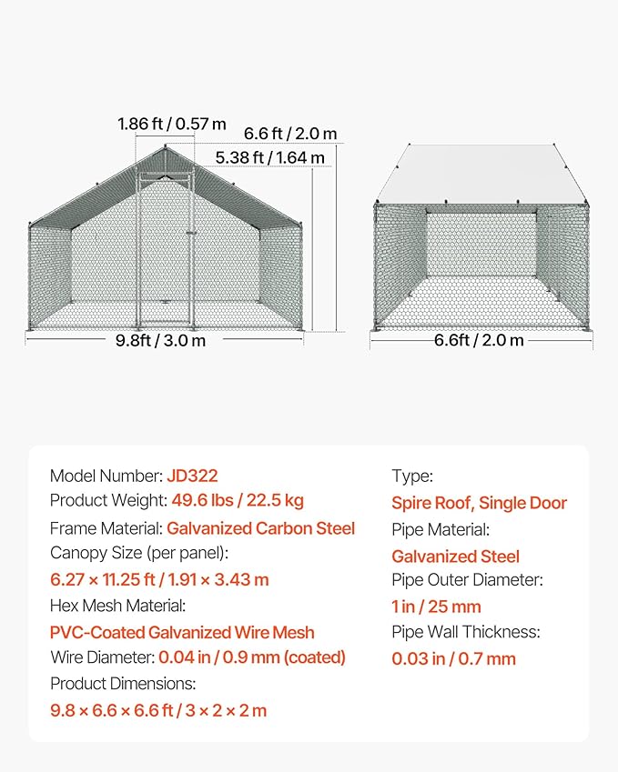 VEVOR Large Metal Chicken Coop with Run, Walkin Chicken Coop for Yard with Waterproof Cover, 6.5 x 9.8 x 6.5 ft, Spire Roof Large Poultry Cage for Hen House, Duck Coop and Rabbit Run